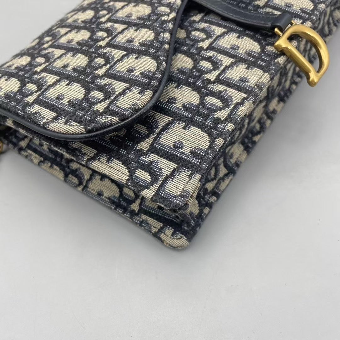 Dior - Saddle Wallet on Chain (WOC) - Oblique jacquard canvas with leather trim - Blue - (small)