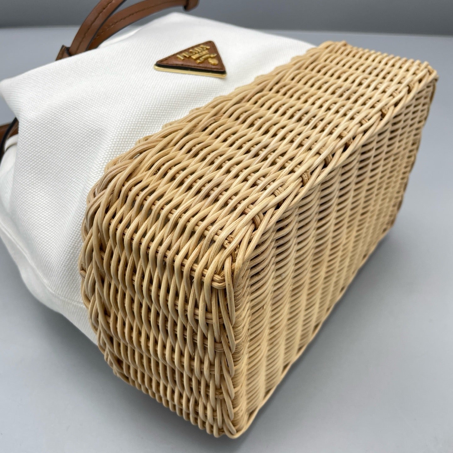 Prada - Rattan Canvas Bucket Bag - Canvas, Wicker, Saffiano Leather - White - (Medium)