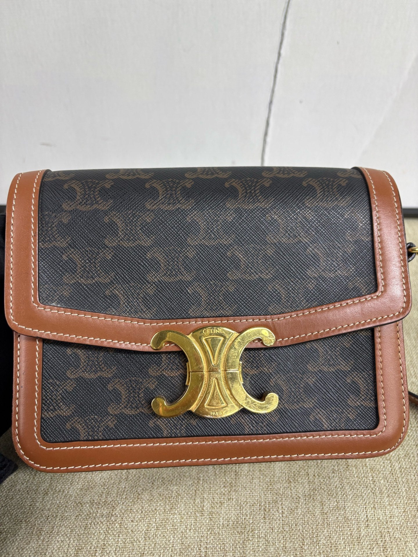 Celine - Triomphe Teen Box - Monogram canvas with calfskin leather trim - Brown and Black with Camel accents - (small)