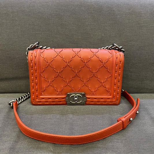 Chanel - Boy Bag - Grained calfskin leather - Orange with Ruthenium-Tone Hardware - (mini)