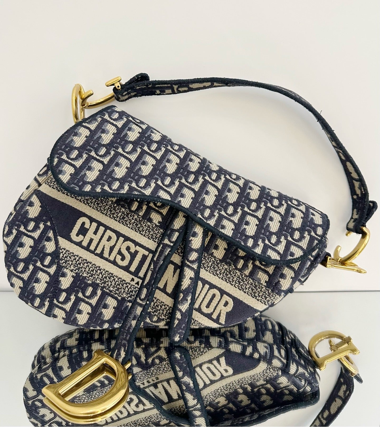 Dior - Saddle Bag - Embroidered canvas - Navy - (Medium)