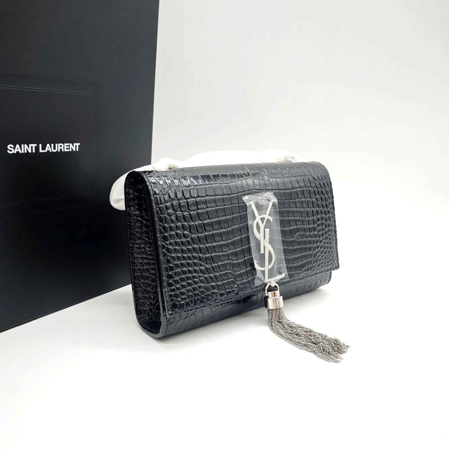 Saint Laurent - Kate Small Chain Bag with Tassel - Calfskin leather with crocodile embossing - Black - (small)