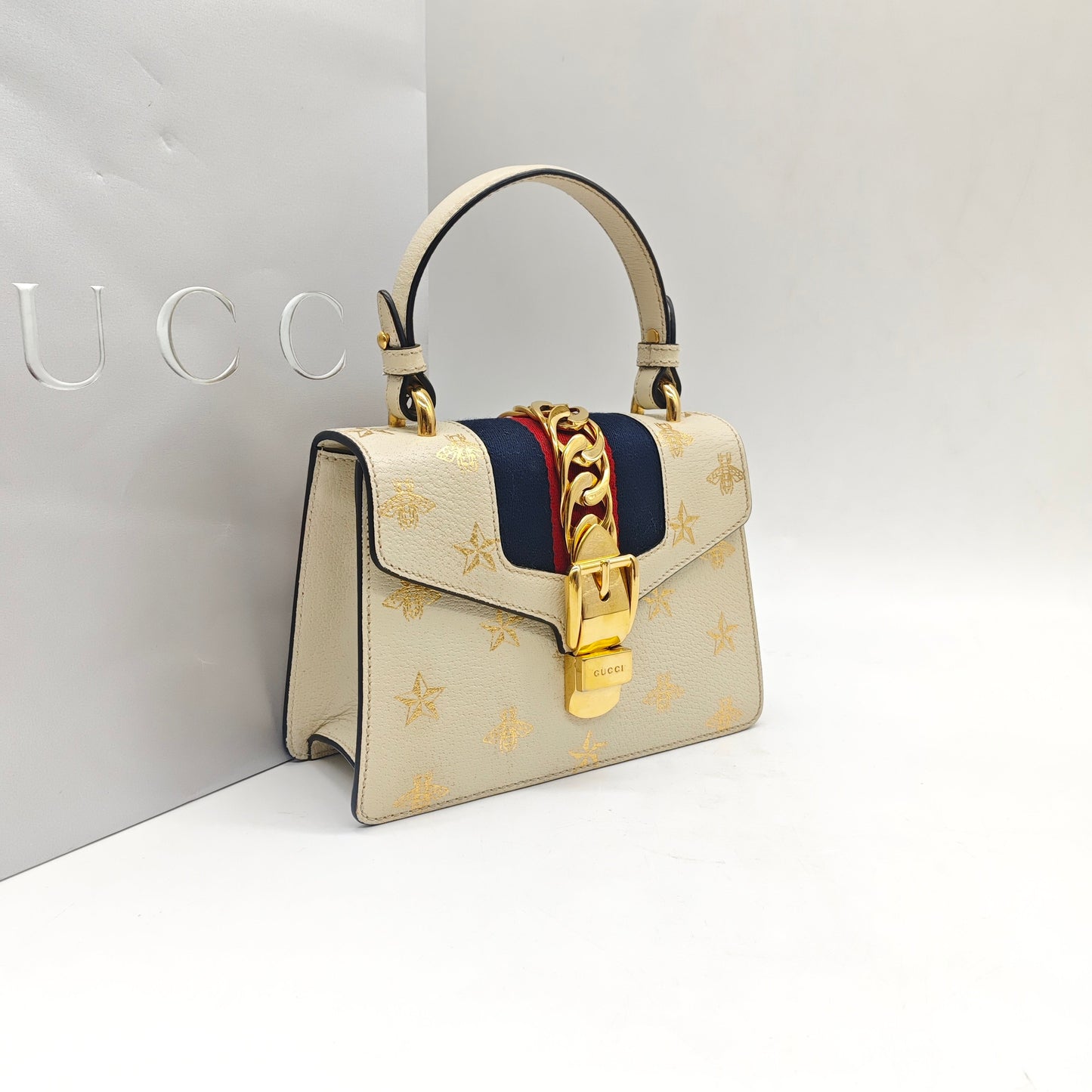 Gucci - Sylvie Small Bee and Star - Grained leather - White - (small)