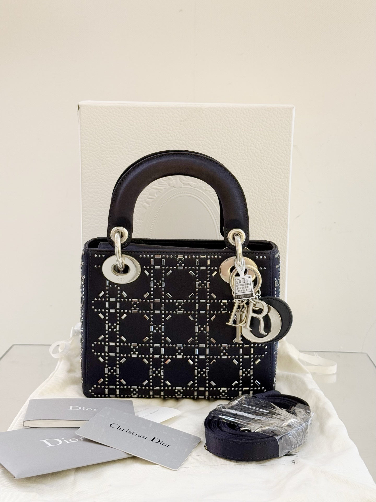 Dior - Lady Dior Mini - Satin with Crystal Embellishments - Navy Blue - (mini)
