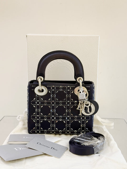Dior - Lady Dior Mini - Satin with Crystal Embellishments - Navy Blue - (mini)