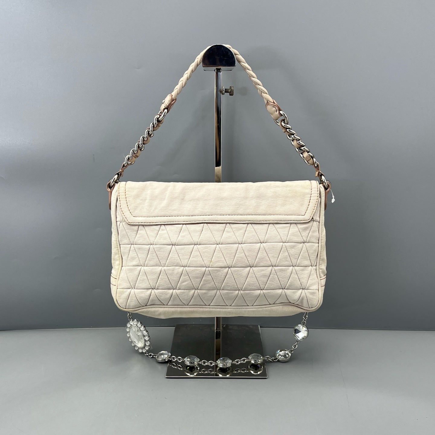 Miu Miu - Jeweled Chain Pleated Flap Bag - Fabric with leather trim - White - (Medium)