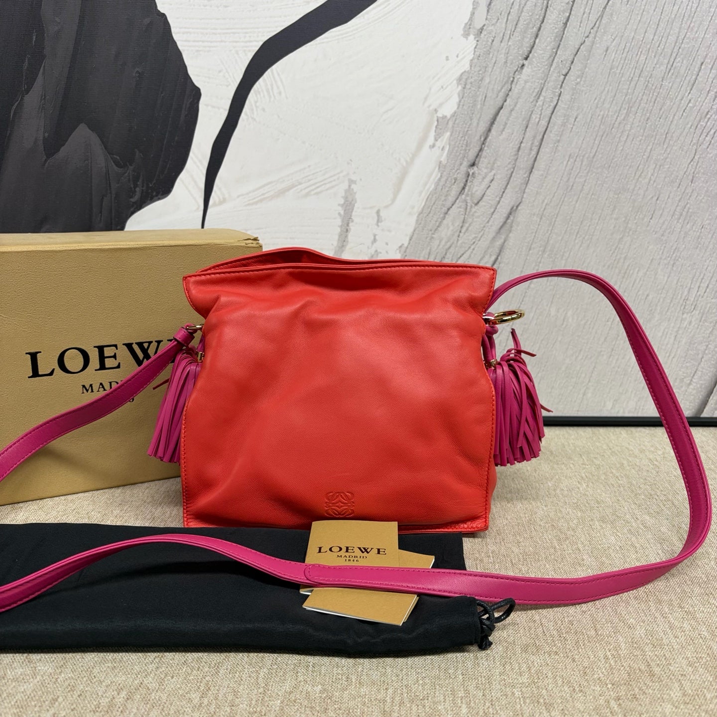 Loewe - Flamenco Tassel Drawstring Bag - Lambskin leather - Orange-Red and Rose Red - (Medium)