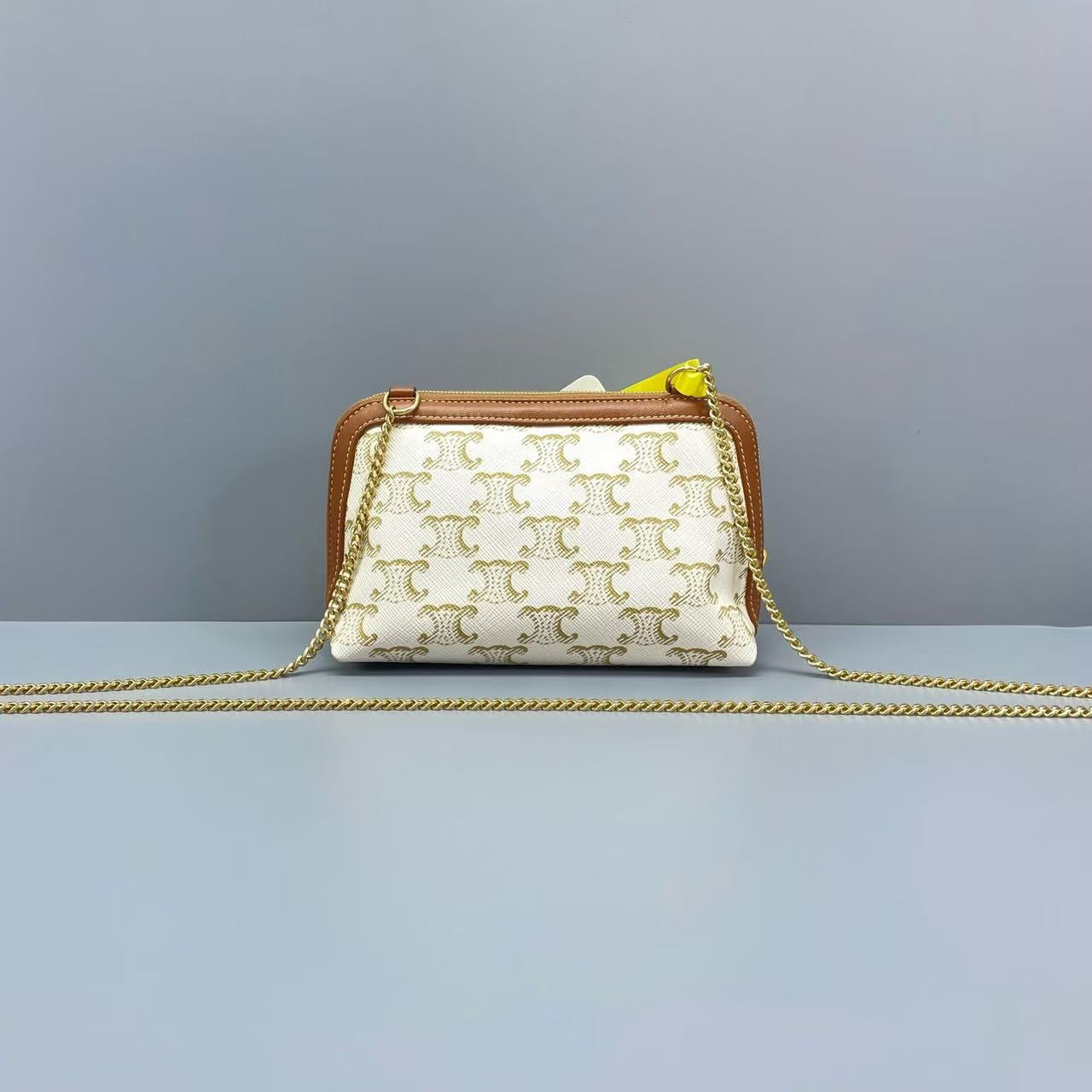Celine - Triomphe Shell Bag - Triomphe Canvas with leather trim - White and Brown - (mini)