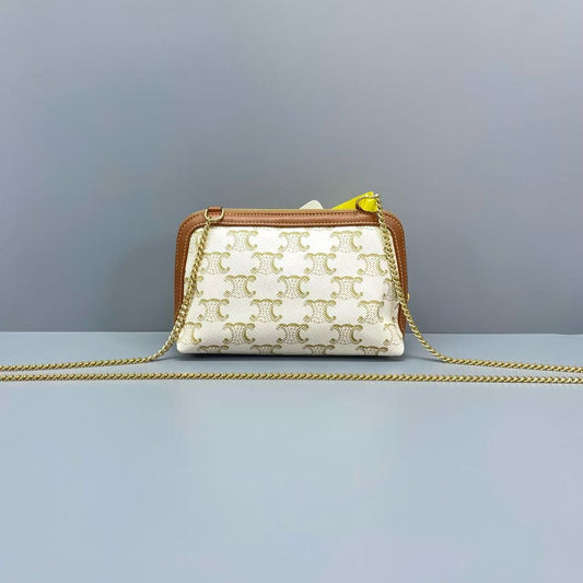 Celine - Triomphe Shell Bag - Triomphe Canvas with leather trim - White and Brown - (mini)