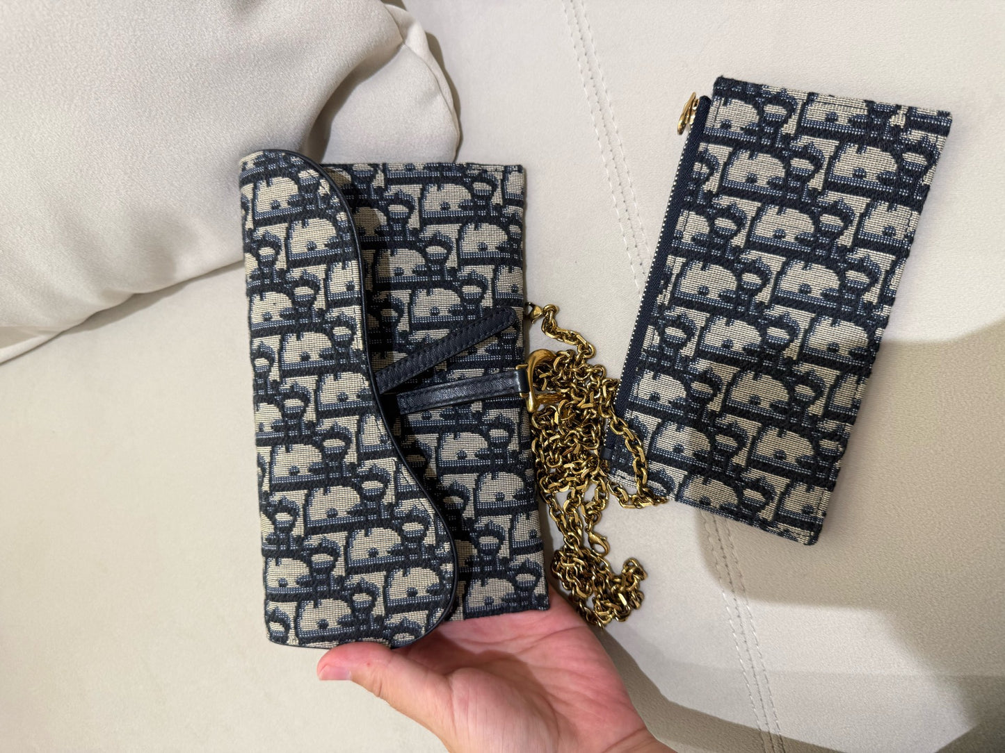 Dior - Saddle Pouch 2-in-1 Wallet on Chain - Dior Oblique jacquard canvas with leather trim - Blue and Beige - (mini)