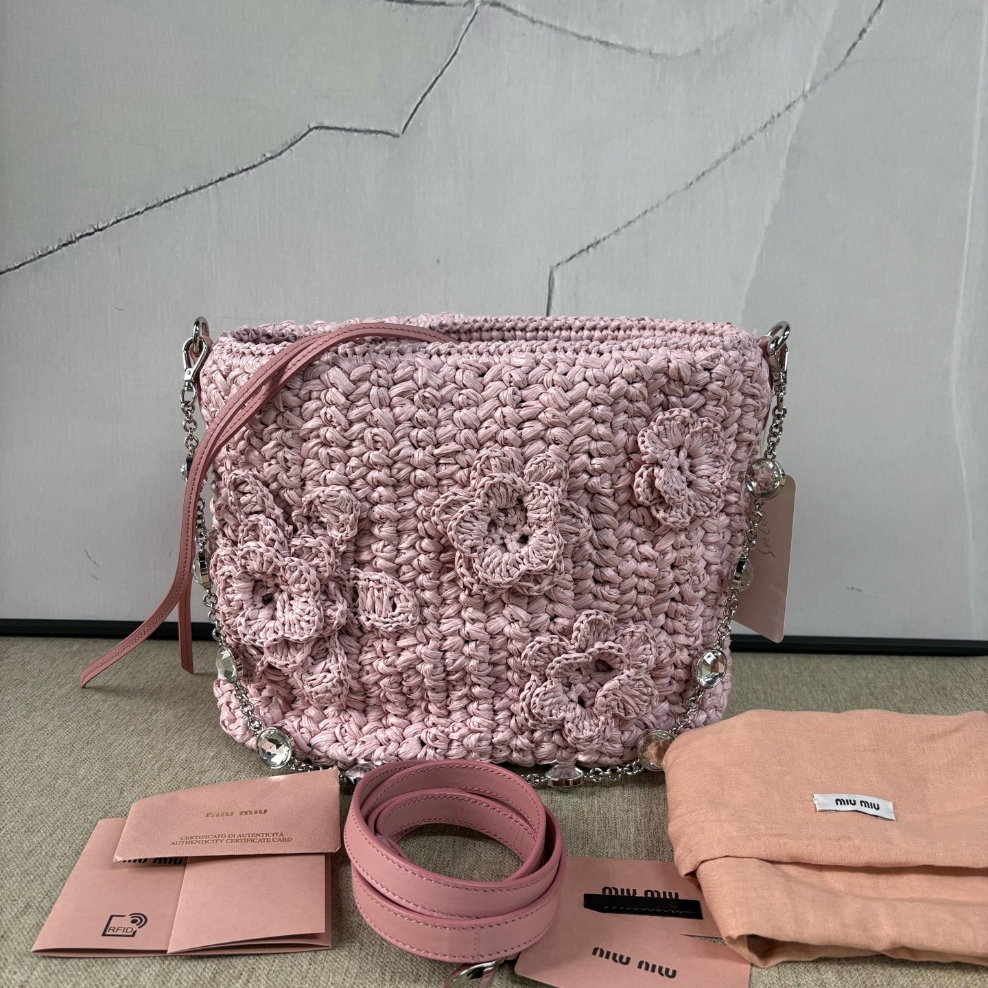 Miu Miu - Rafia Crystal Bucket Bag - Raffia with crystal embellishments and leather trim - Pink - (small)