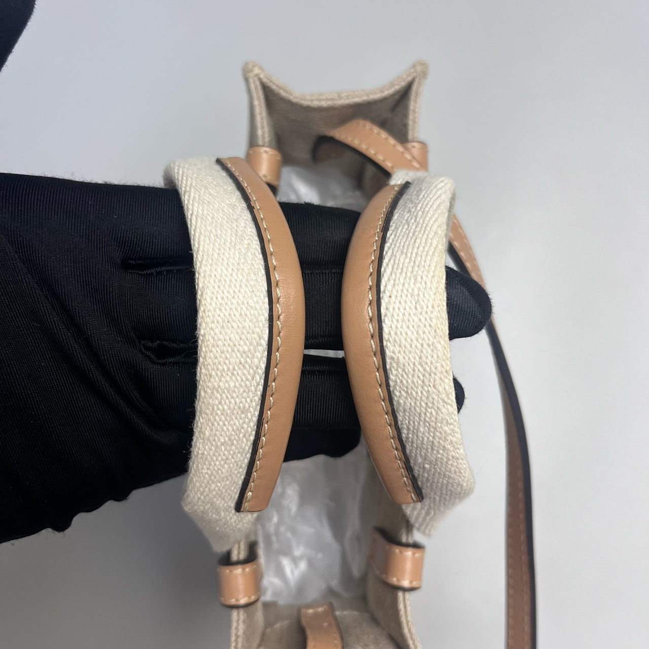 Chloe - Woody Mini Tote Bag - Canvas with calfskin leather trim - Beige with natural tan leather - (mini)