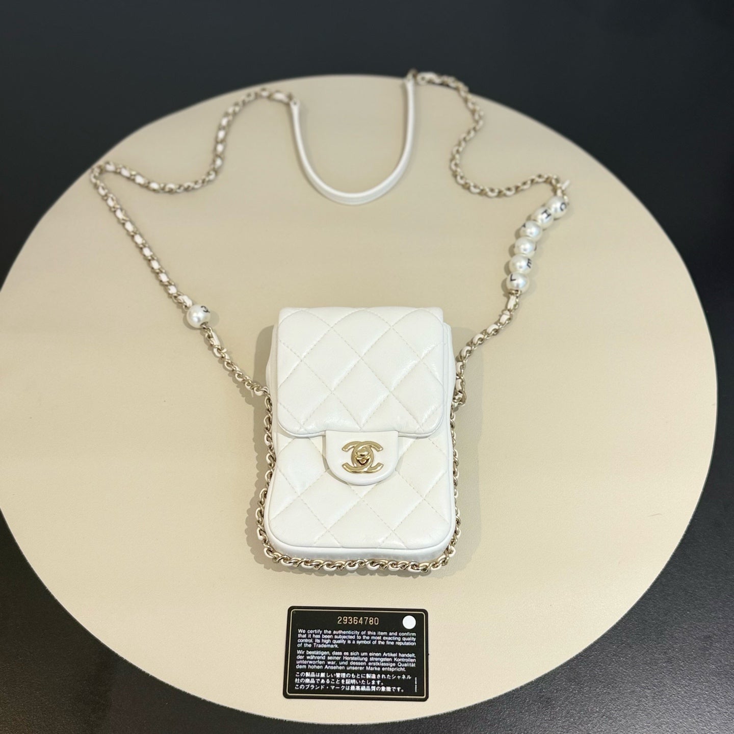 Chanel - Phone Holder with Pearl Chain - Lambskin leather - White - (mini)