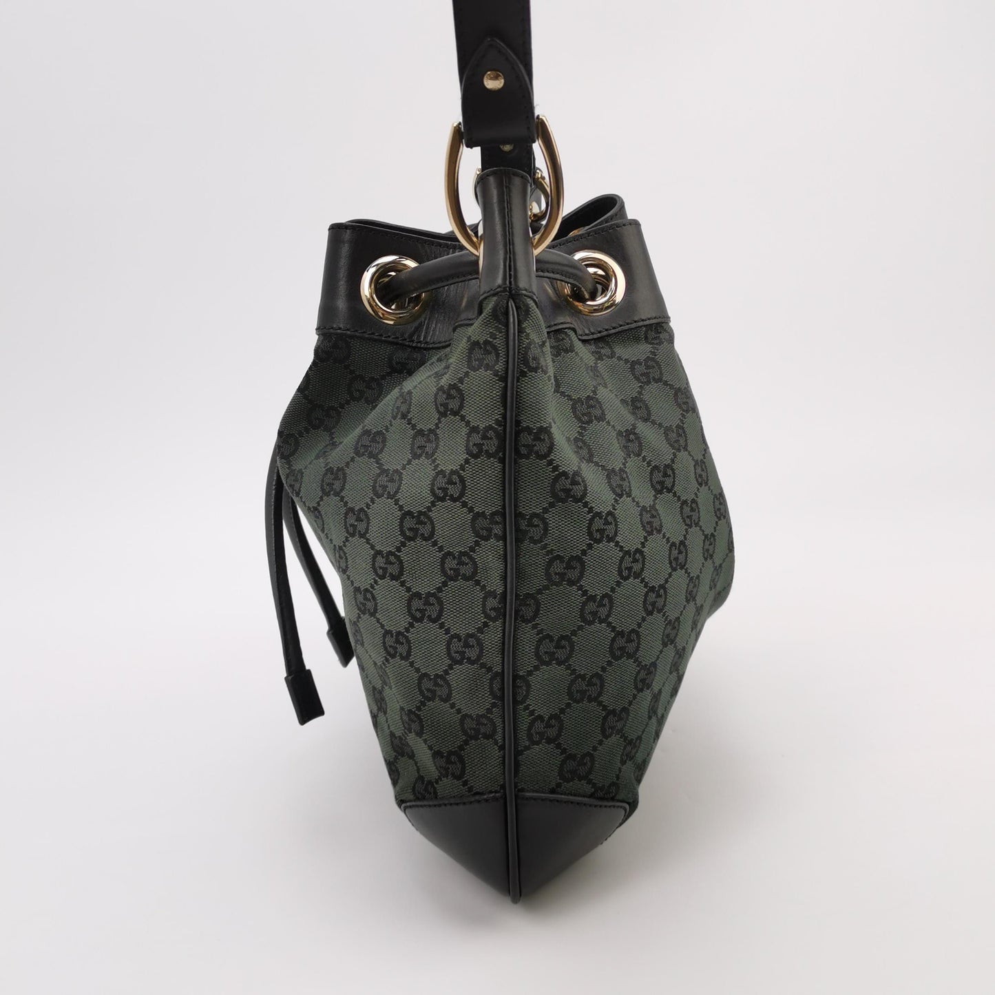 Gucci - GG Monogram Canvas Drawstring Bucket Bag - Canvas with leather trim - Dark Green with Black Trim - (Medium)