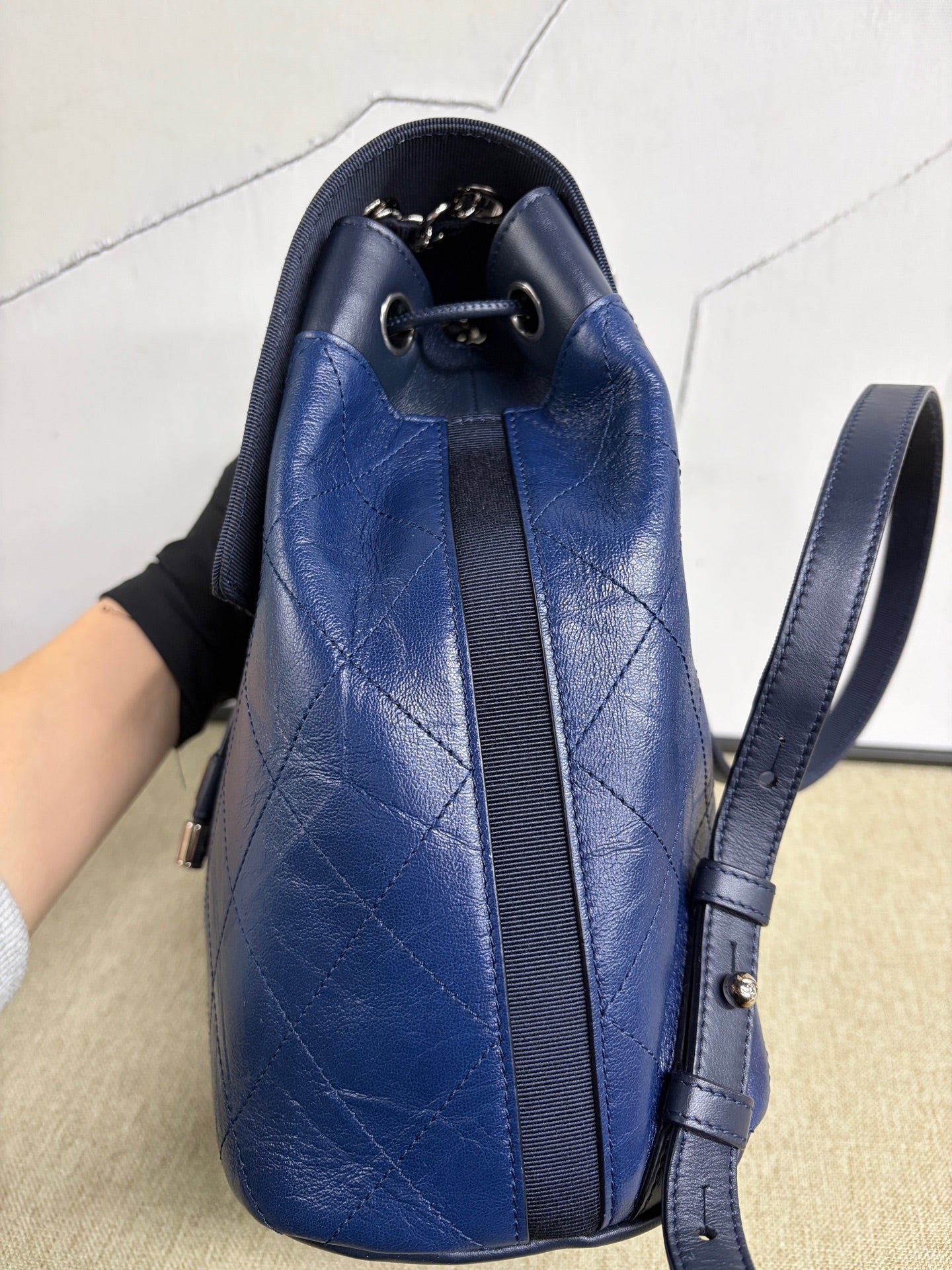 Chanel - Quilted Drawstring Backpack - Waxed calfskin leather - Blue - (Small)