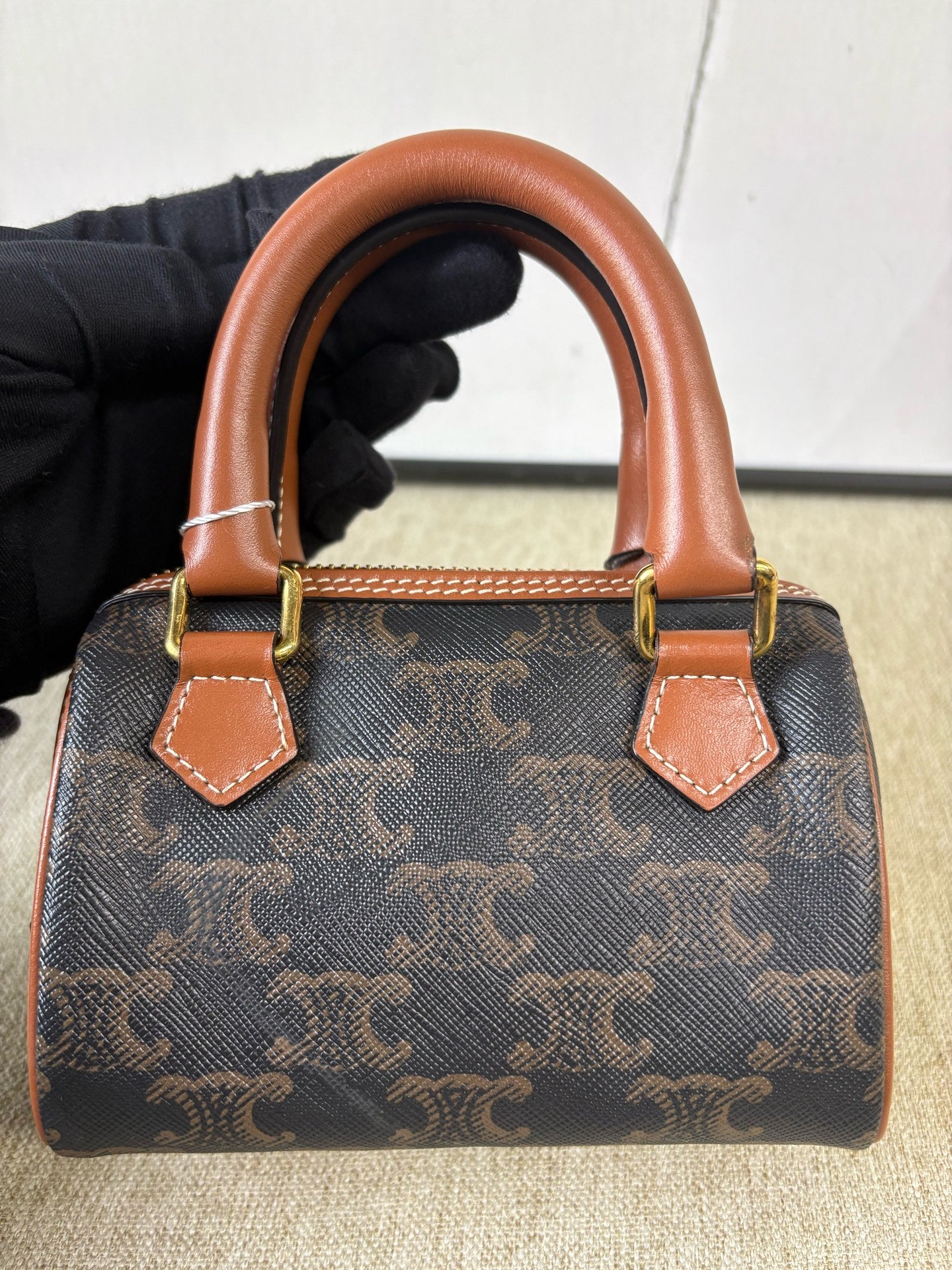 Celine - Triomphe Mini Boston Bag - Triomphe coated canvas with calfskin leather trim - Brown - (mini)