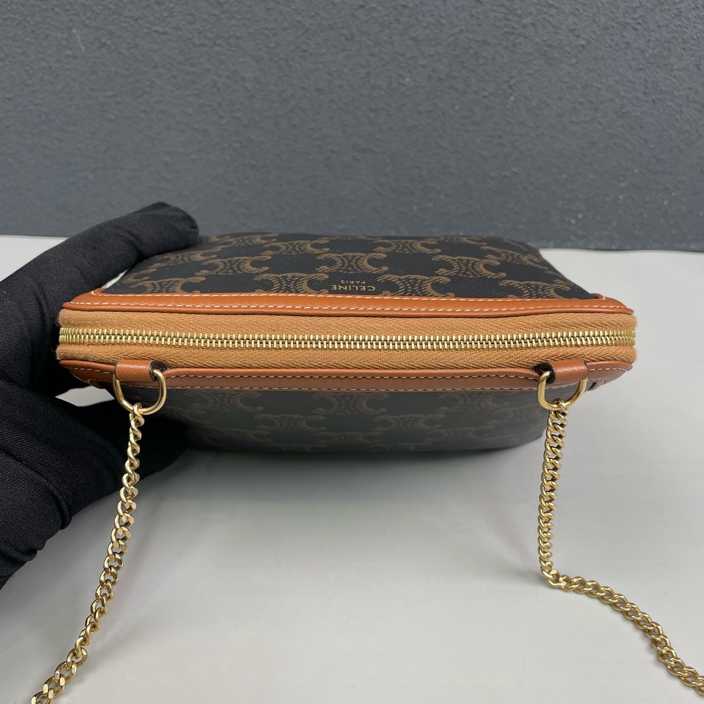Celine - Triomphe Monogram Shell Chain Bag - Triomphe coated canvas with tan leather trim - Brown - (mini)