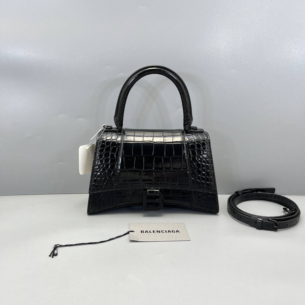 Balenciaga - Hourglass Top Handle Bag S - Crocodile embossed calf leather - Black - (mini)