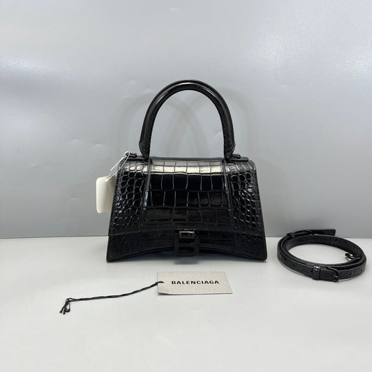 Balenciaga - Hourglass Top Handle Bag S - Crocodile embossed calf leather - Black - (mini)