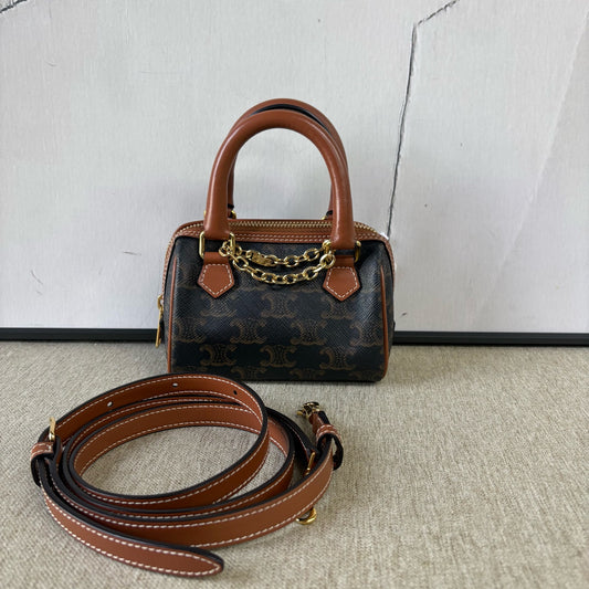 Celine - Triomphe Mini Boston Bag - Triomphe coated canvas with calfskin leather trim - Brown - (mini)
