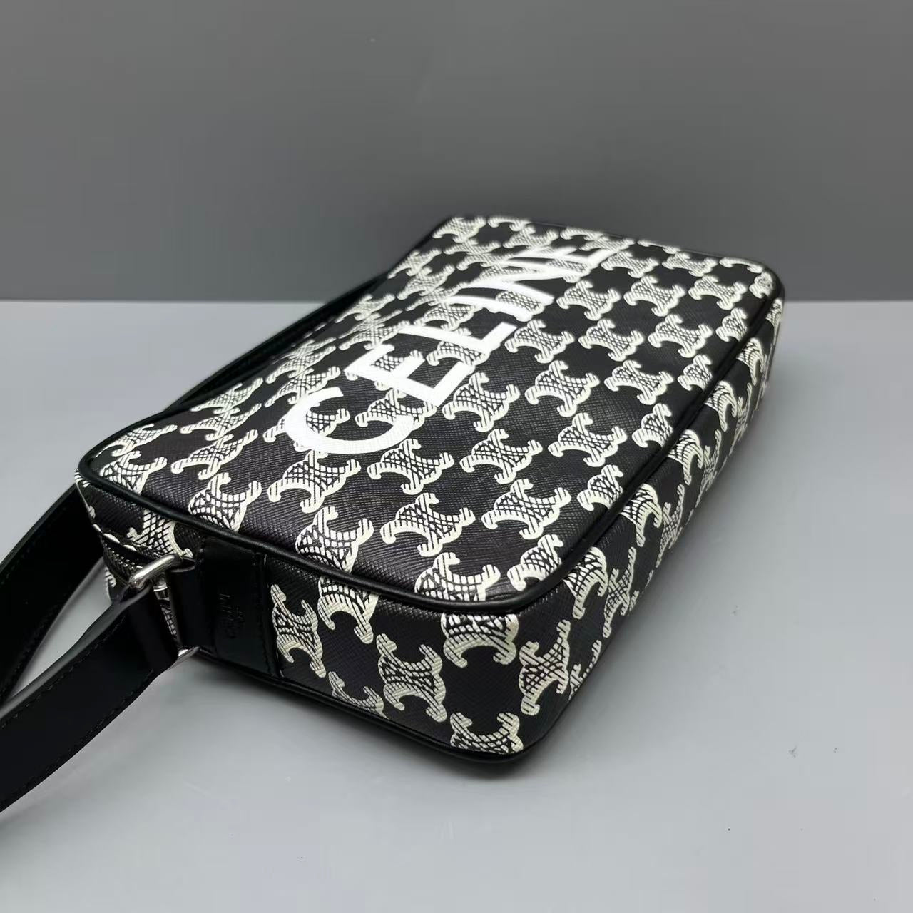 Celine - Triomphe Canvas Camera Bag - Coated canvas with leather trim - Black and White - (medium)