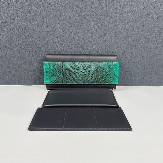Hermès - H071034CAAA Long Wallet / Organizer - Lizard skin and calfskin leather - Black and Green - (Small)