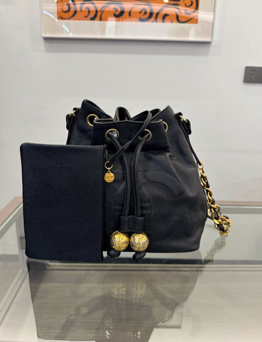 Chanel - Drawstring Bucket Bag with Gold Ball Charms - Grained leather - Black - (small)