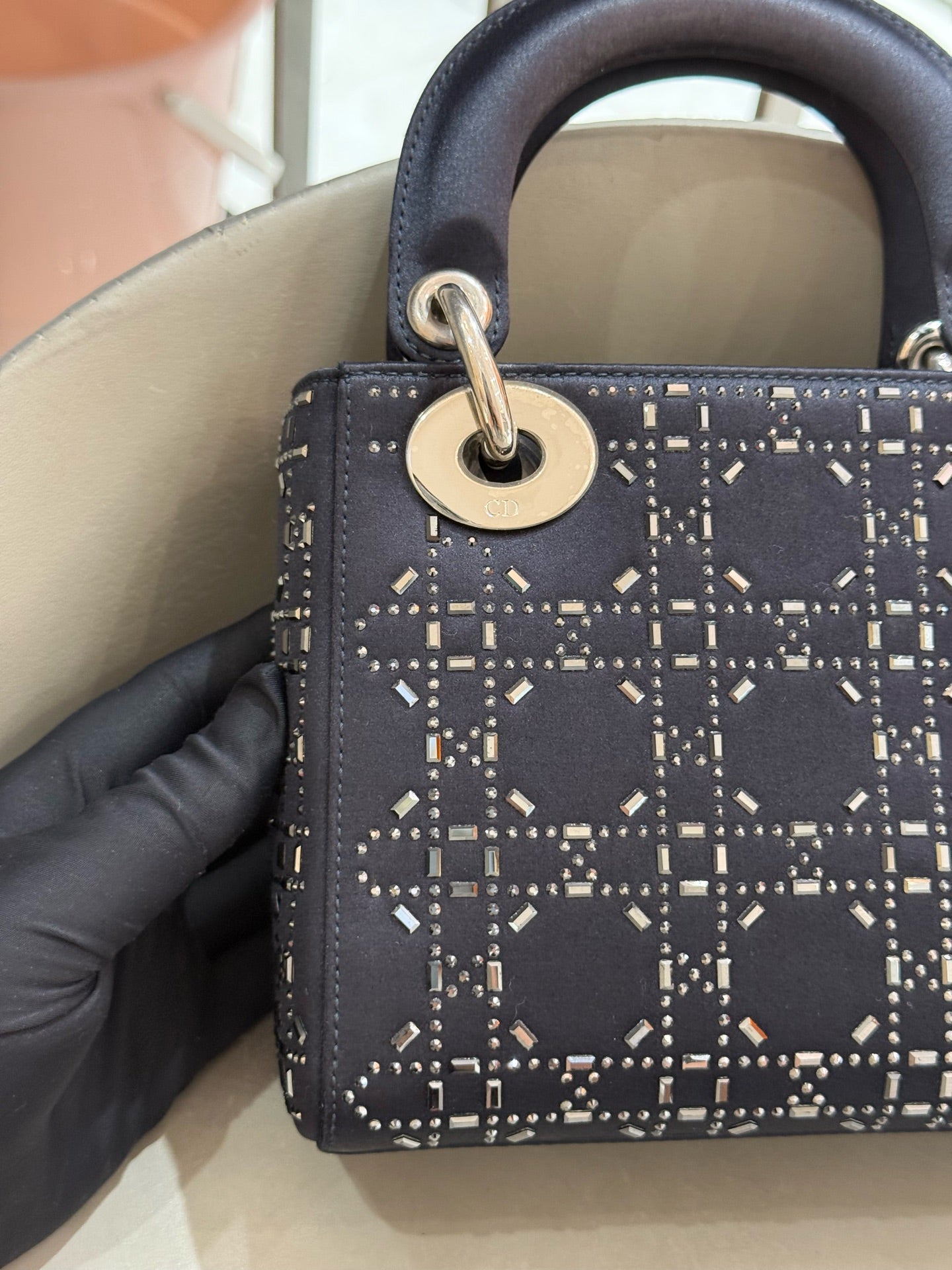 Dior - Lady Dior Mini - Satin with Crystal Embellishments - Navy Blue - (mini)