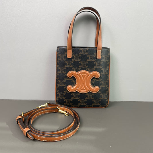 Celine - Triomphe Canvas Mini Vertical Cabas - Coated canvas with calfskin leather trim - Brown - (mini)