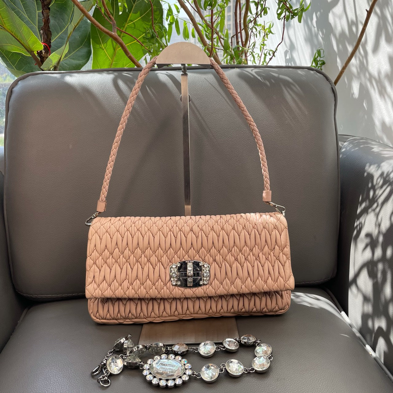 Miu Miu - Crystal Series Matelassé Shoulder Bag - Lambskin leather - Beige - (mini)