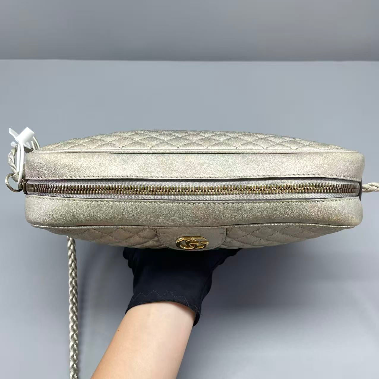 Gucci - GG Marmont Diamond Quilted Camera Bag - Metallic Leather - Silver - (Small)