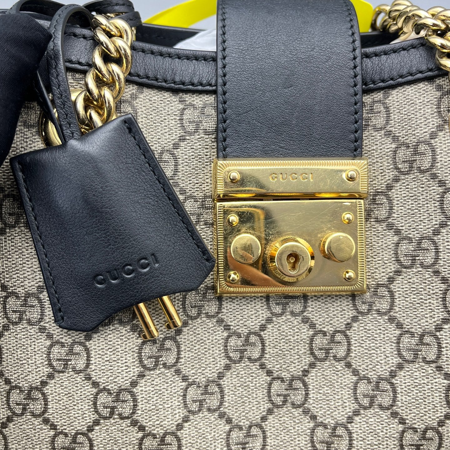 Gucci - Padlock Small Shoulder Bag - GG Supreme canvas with black leather trim and tan suede-like interior lining - Beige and Black - (Small)