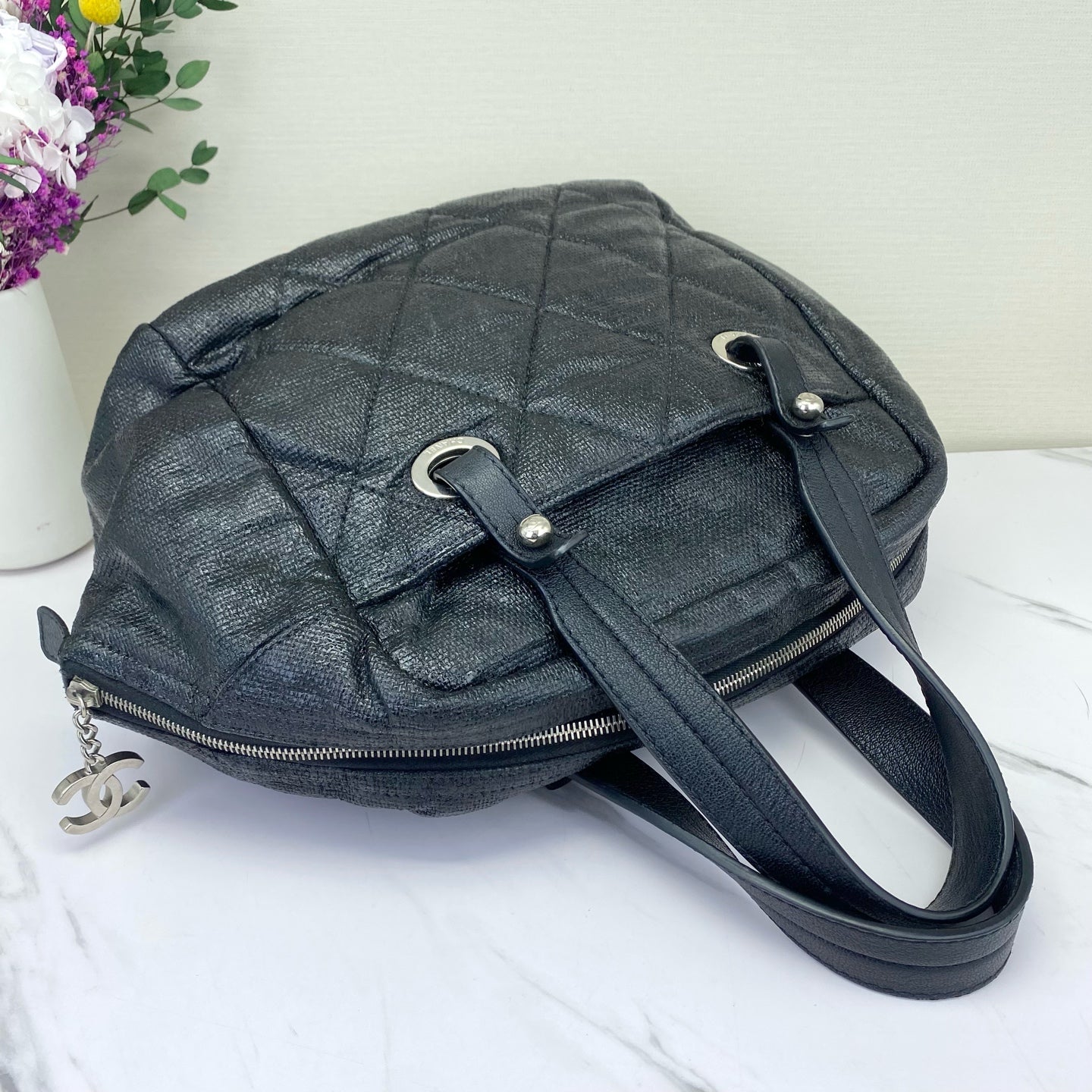 Chanel - Biarritz Boston Bag - Textured coated fabric - Black - (Medium)