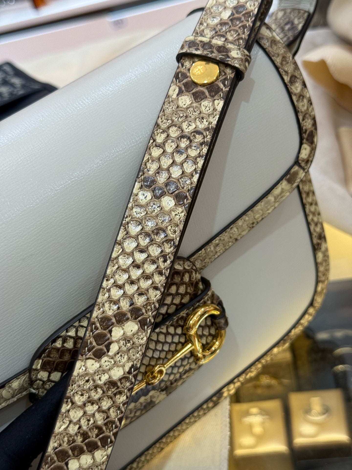 Gucci - 1955 Horsebit Shoulder Bag - White leather with python snakeskin trim - White - (Medium)