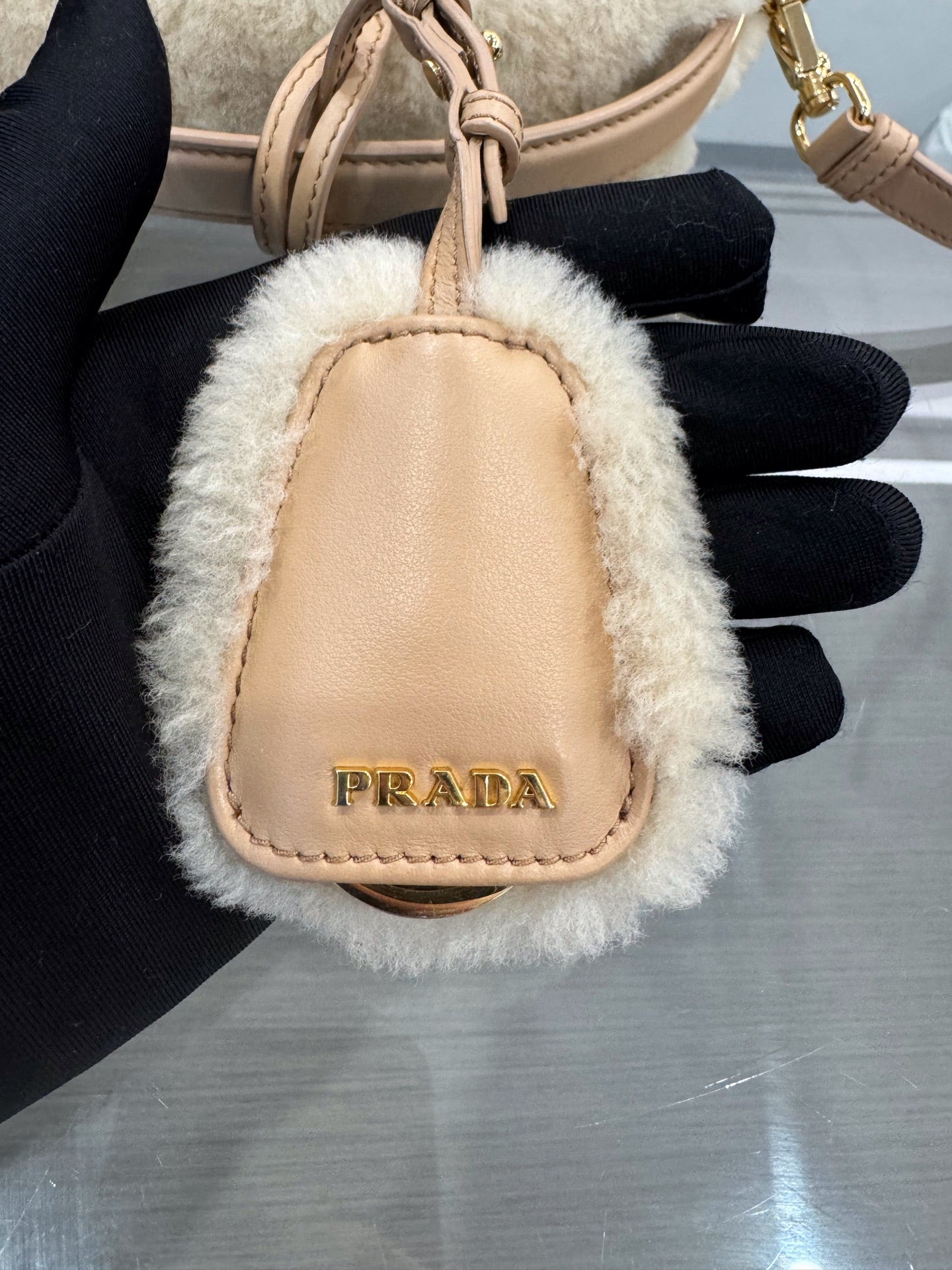 Prada - 1BH208 Shearling Mini Bag - Sheepskin shearling and Saffiano leather - Beige - (mini)
