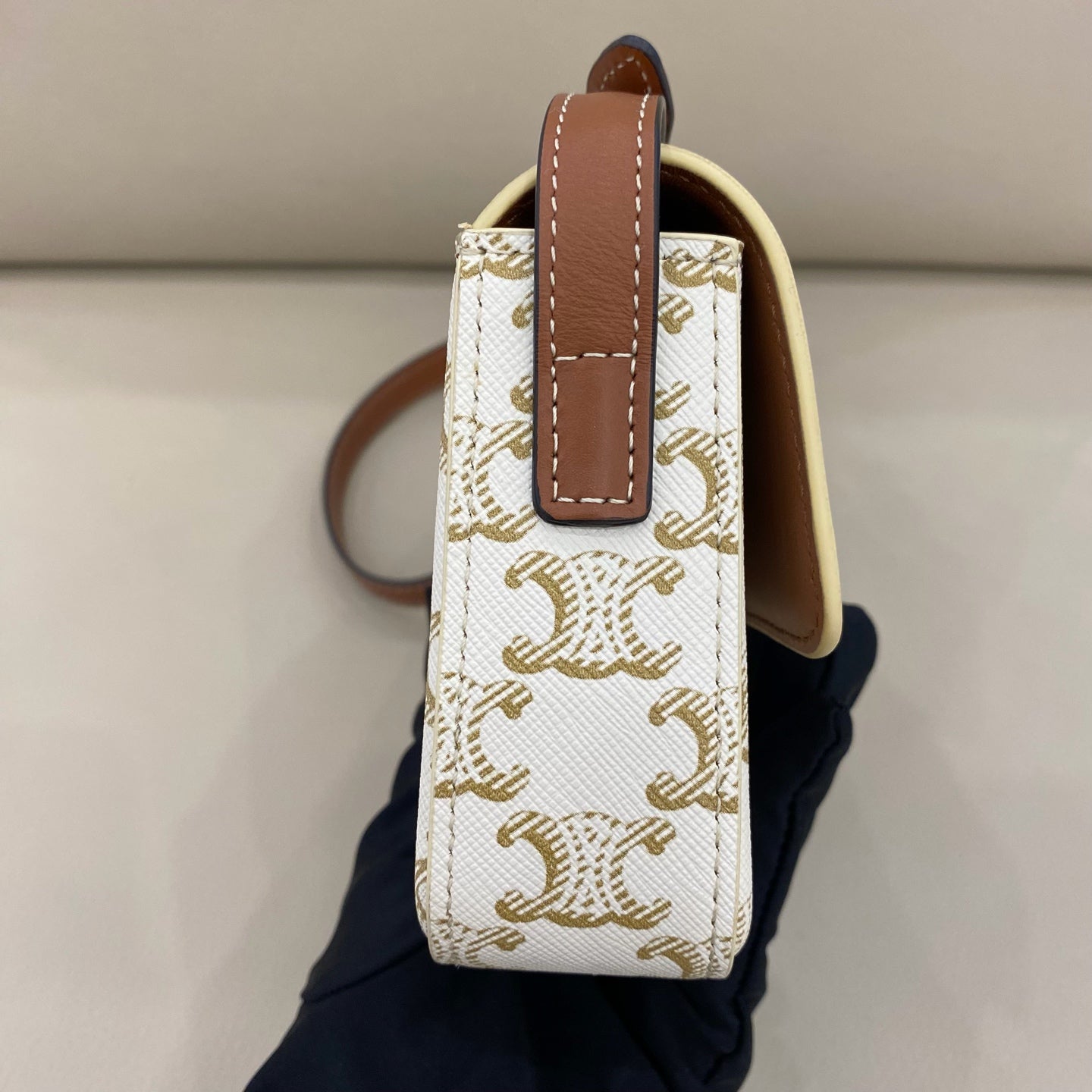 Celine - Triomphe Shoulder Bag - Coated canvas with calfskin leather trim - White - (small)