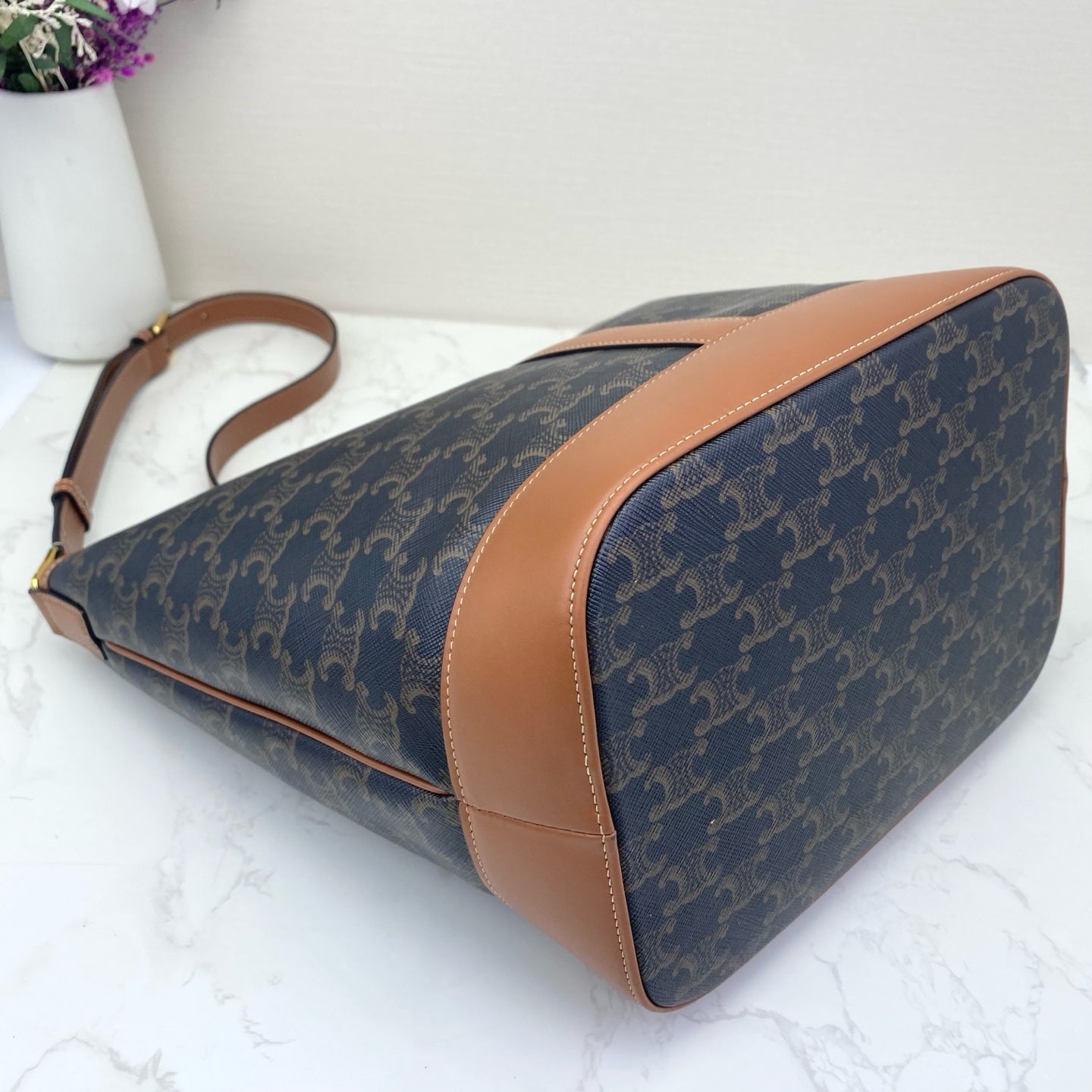 Celine - Cabas Triomphe Tote - Triomphe canvas with tan leather trim - Brown - (medium)