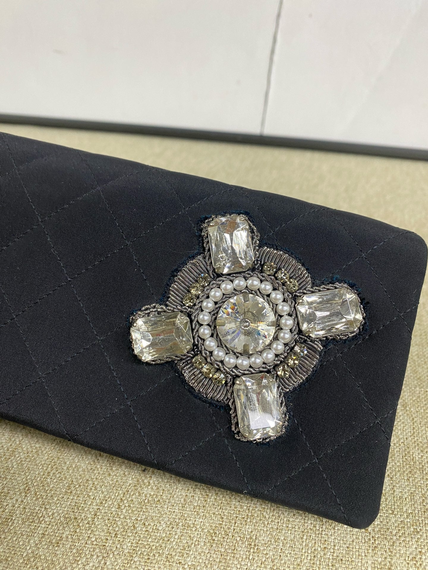 Chanel - WOC (Wallet on Chain) with Pearl and Rhinestone Embellishment - Fabric - Black - (Mini)