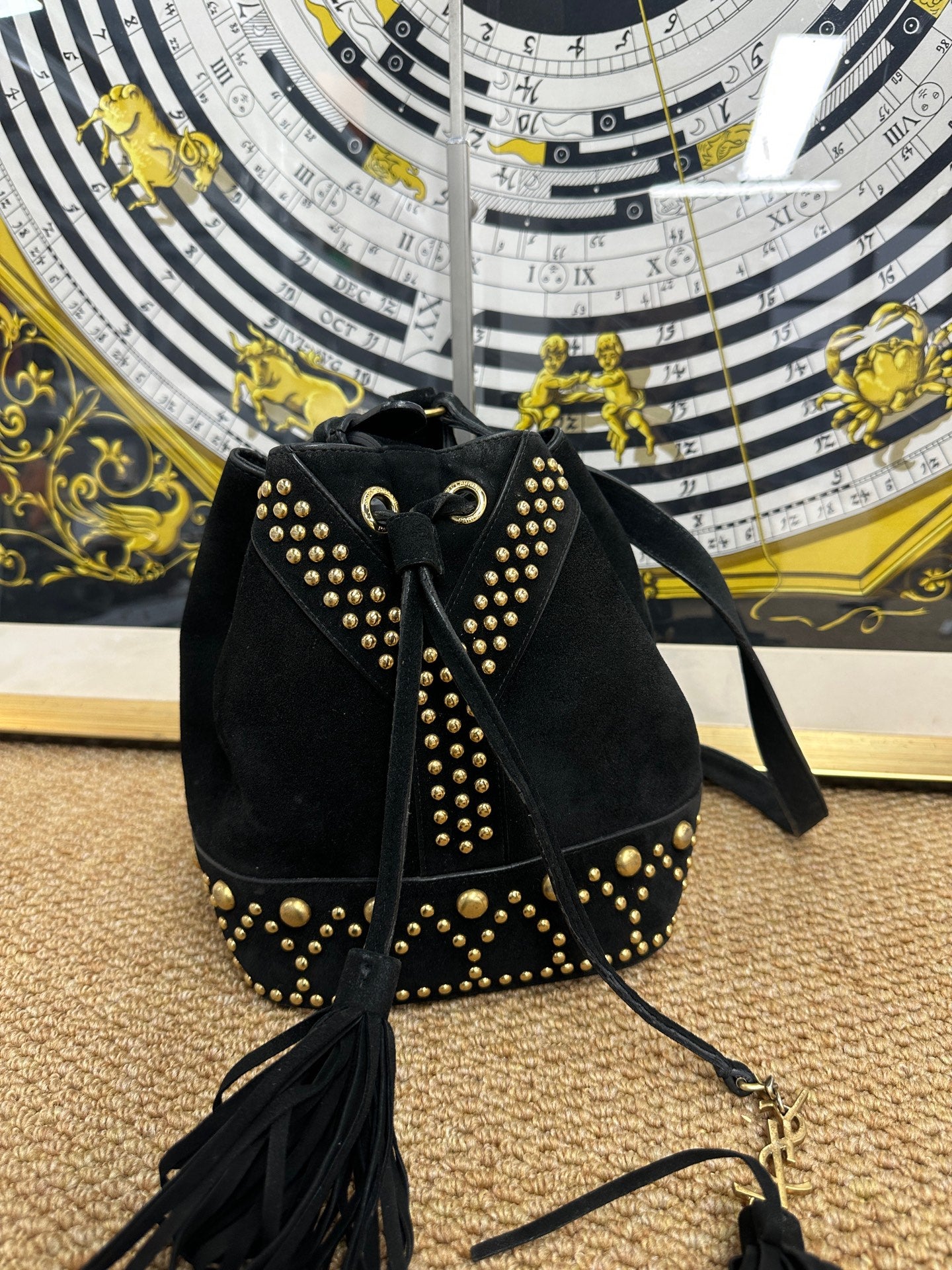 Saint Laurent - Fringed Studded Bucket Bag - Suede - Black - (Small)