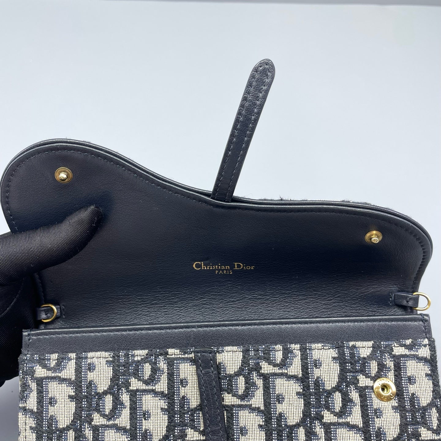 Christian Dior - Saddle Wallet on Chain (WOC) - Dior Oblique jacquard canvas with leather trim - Navy and Beige with Gold-Tone Hardware - (mini)