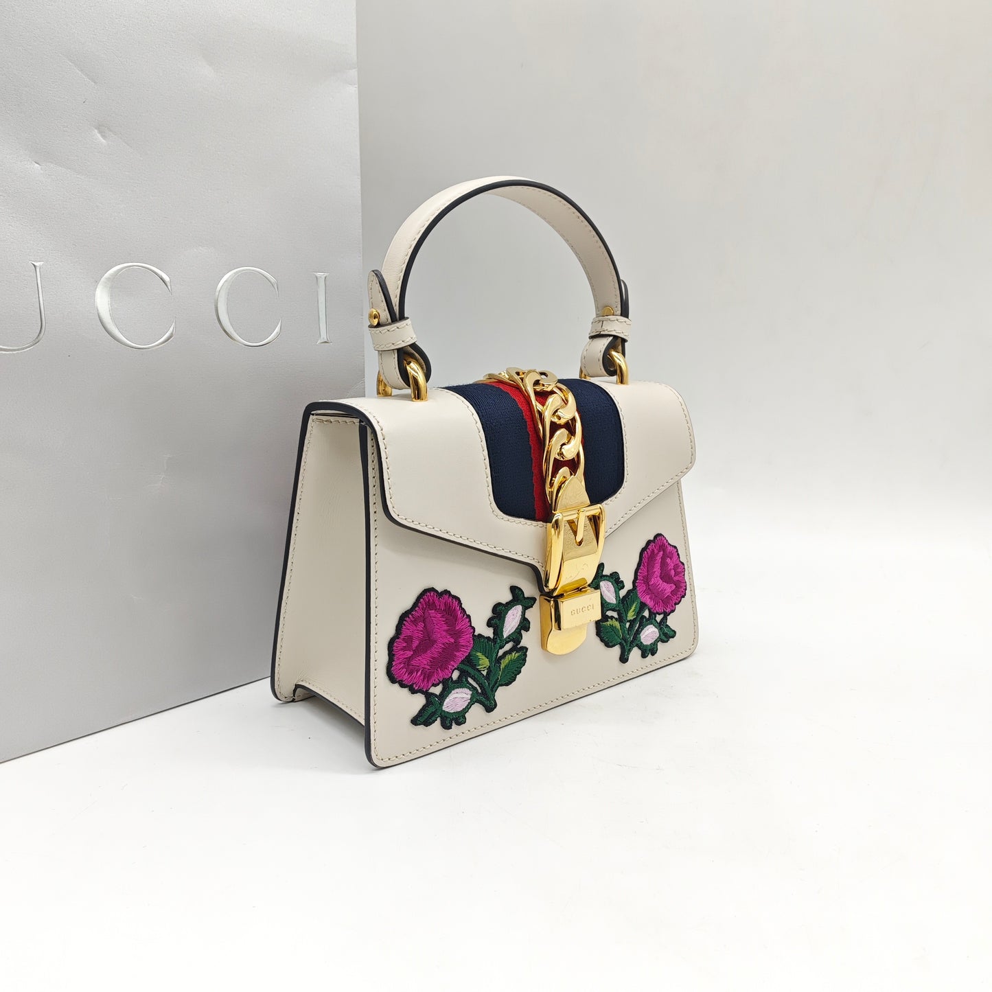 Gucci - Sylvie Small Floral Embroidered - Leather - White - (small)