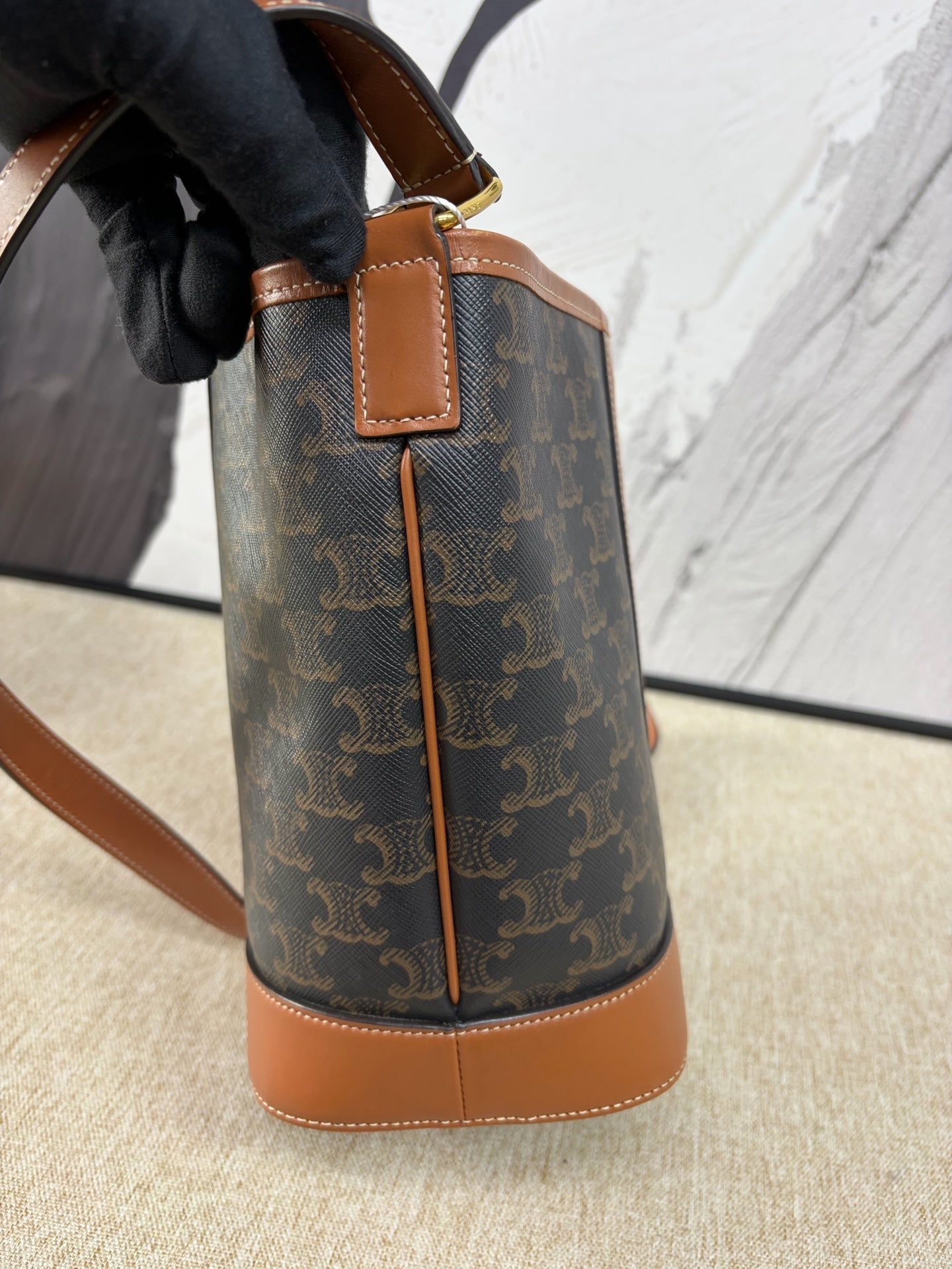 Celine - Triomphe Bucket Bag - Triomphe coated canvas with calfskin leather trim - Brown - (Small)