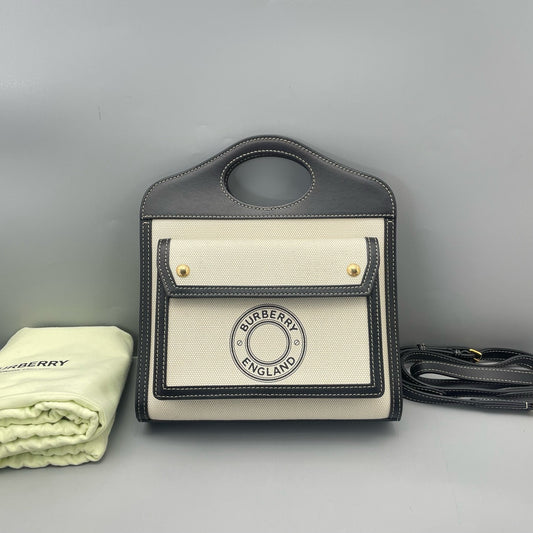 Burberry - Pocket Bag (A7125e) - Cotton canvas and Calf leather - Beige canvas with Black leather trim and Gold-tone hardware - (Small)