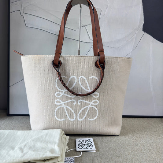 Loewe - Anagram Tote Bag - Canvas with calfskin leather trim - Beige and Brown - (large)