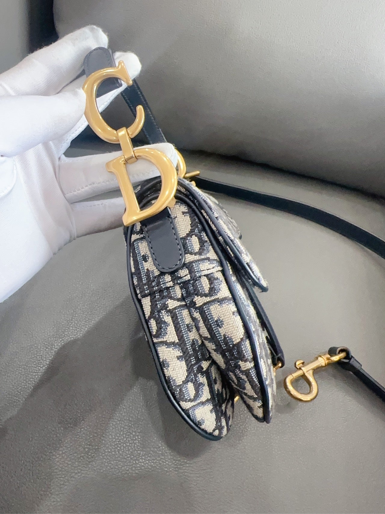 Dior - Saddle Bag - Oblique canvas with leather trim - Navy - (small)