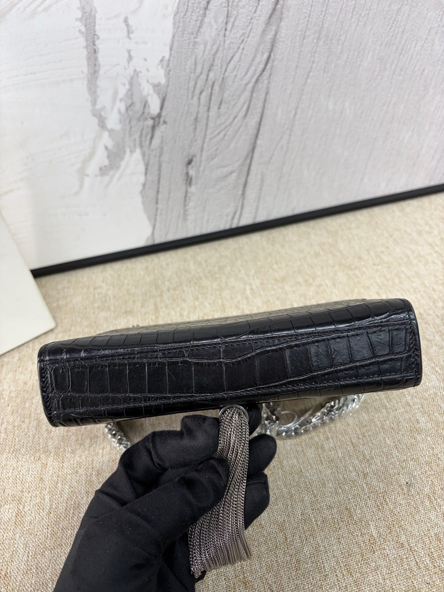 Saint Laurent - Kate Tassel Chain Bag - Calfskin leather with crocodile embossing - Black with Silver-Tone Hardware - (Small)