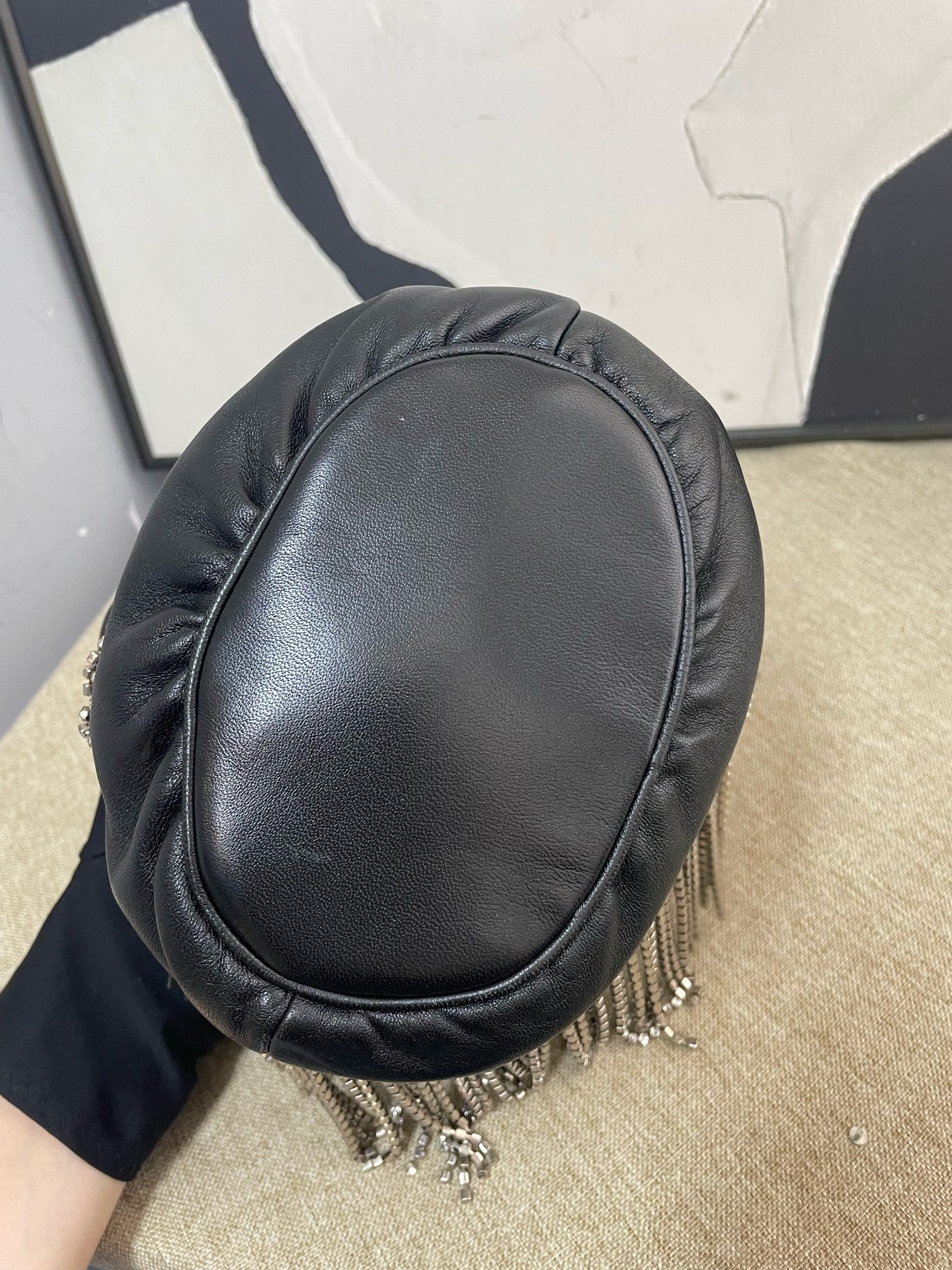 Miu Miu - Rhinestone Tassel Bucket Bag - Lambskin leather with rhinestone embellishment - Black - (mini)