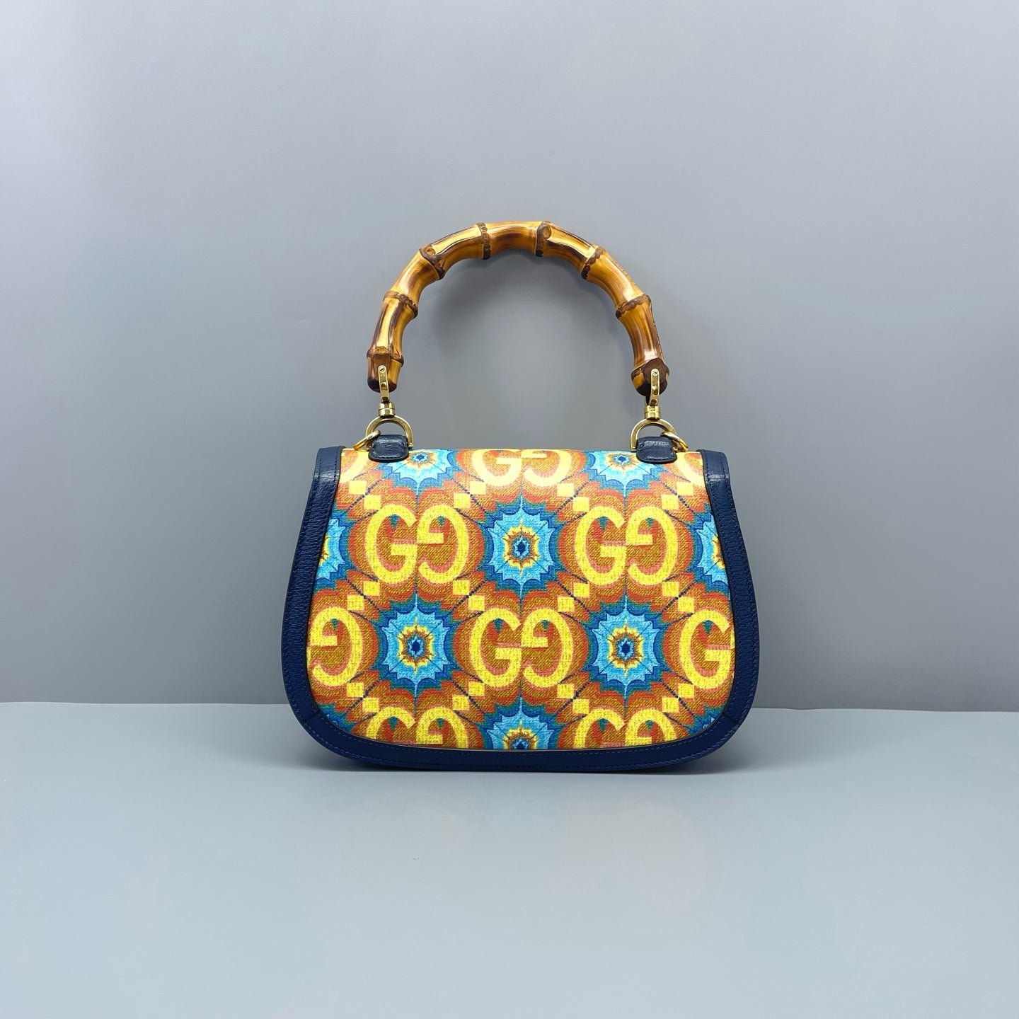 Gucci - 100th Anniversary Limited Edition Bamboo Bag - Grained leather and Canvas - Navy (with Multicolour pattern) - (Small)
