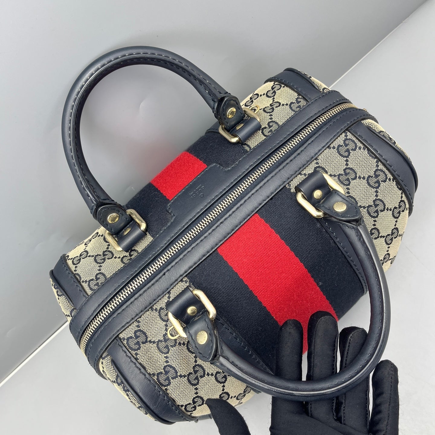 Gucci - GG Monogram Boston Bag with Web Stripe - Canvas with Leather trim - Beige and Blue - (Small)