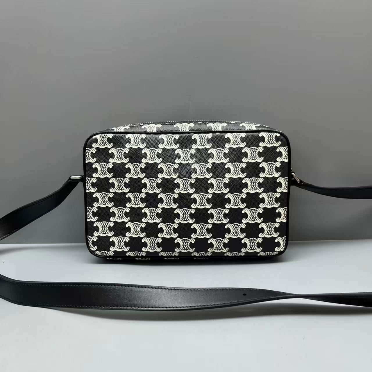 Celine - Triomphe Canvas Camera Bag - Coated canvas with leather trim - Black and White - (medium)